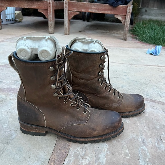 VTG Men Frye Logger Boot Size 9.5 Brown Leather Lace Up Vibram Lug Sole Work USA - Picture 1 of 8